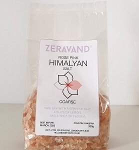 clear bag containing 200 grams of pink Himalayan salt.