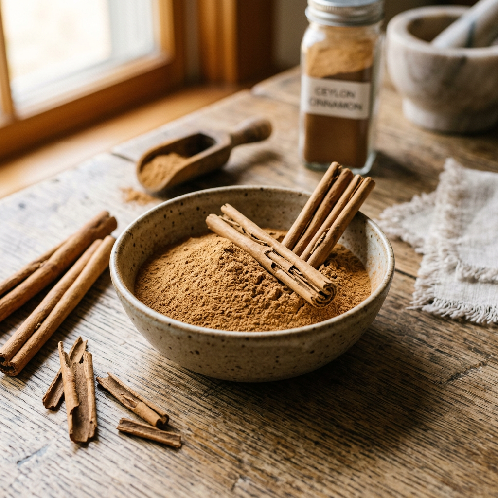 Bowl of Ceylon cinnamon powder with cinnamon sticks on wooden table