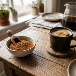 Coffee cup with bowl of ground cinnamon